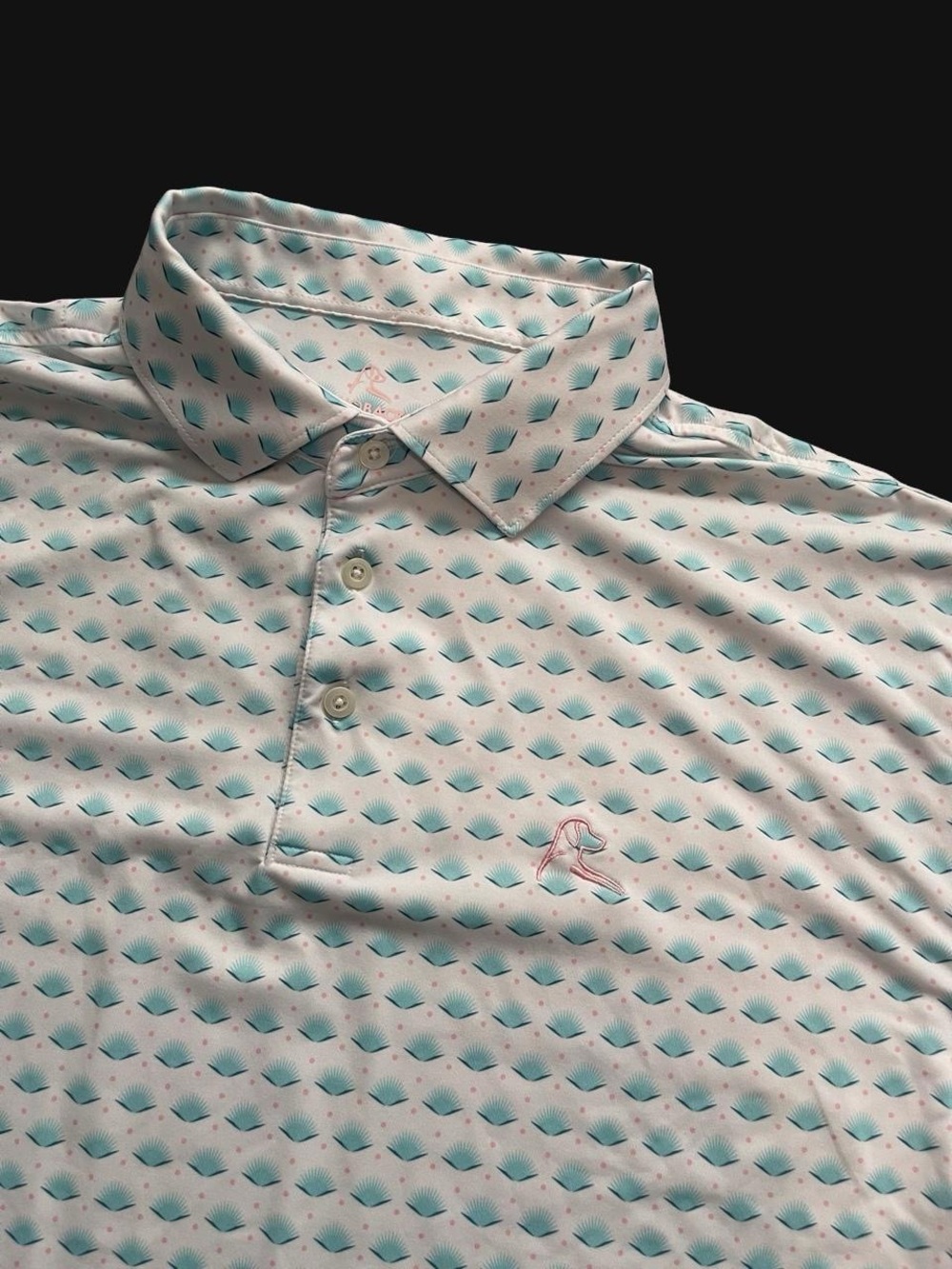Rhoback Mens XL Performance Golf Polo Shirt Teal The Agave Pink Dot White